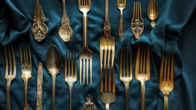 Elegant golden cutlery reflection on luxurious blue silk background