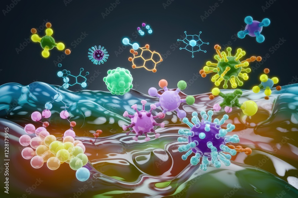 Poster colorful molecules and viruses floating on a vibrant liquid surface, representing the complex world 