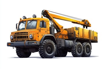 Fototapeta premium Crane Truck Cartoon style isolated on white background. Heavy Machinery. Construction Vehicle. Mobile Crane. Truck with Crane Arm. Crane Truck Design Element. Realistic Crane Truck isolated for Design