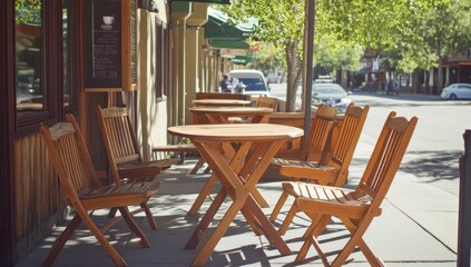 Sunny Day Cafe Patio: Wooden Chairs and Tables on a Peaceful Street
