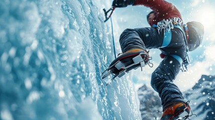 A climber skillfully navigates a steep ice wall in a winter landscape. Snowflakes drift through the air, while sunlight glimmers on the frozen surface, creating a beautiful scene
