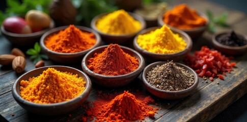 Rustic wooden table, vibrant spice assortment , peppercorns, overhead