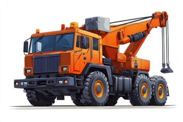 Fototapeta premium Crane Truck Cartoon style isolated on white background. Heavy Machinery. Construction Vehicle. Mobile Crane. Truck with Crane Arm. Crane Truck Design Element. Realistic Crane Truck isolated for Design