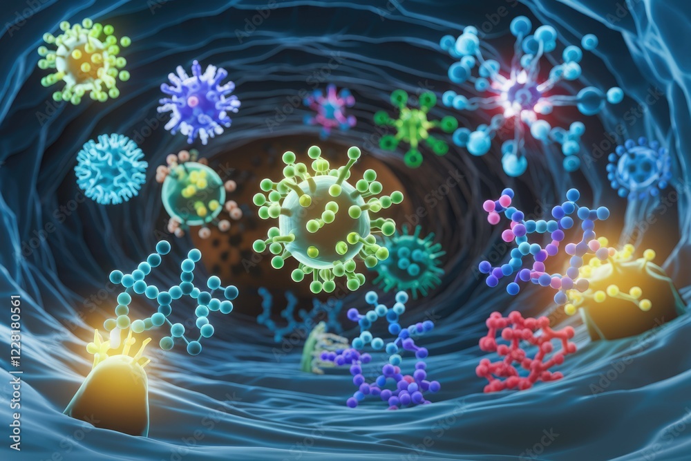 Aufkleber microscopic view of diverse viruses, molecules, and cells interacting within a biological system.