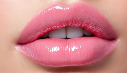 Fototapeta premium Glossy pink lips with a natural shine captured in close-up indoors under soft lighting