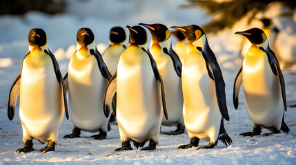 Obraz premium Emperor Penguins: Majestic Gatherings on Sunlit Ice Fields in the Heart of Antarctica
