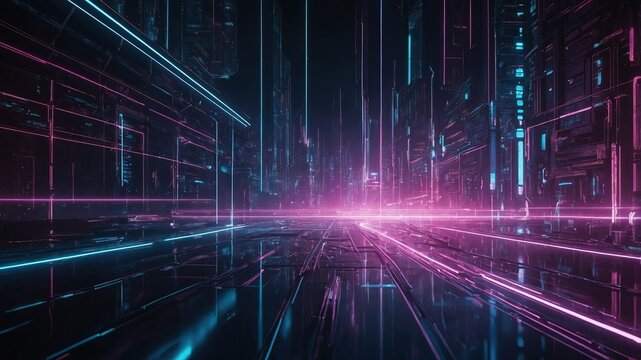 Complejo urbano ciberpunk iluminado por neones, con una perspectiva profunda y una sensaci&oacute;n de alta tecnolog&iacute;a