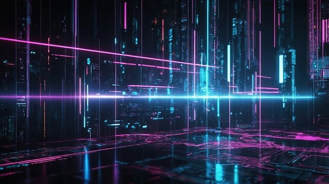 Escenario ciberpunk de alta tecnolog&iacute;a con edificios y caminos delineados por luces de ne&oacute;n rosa y azul