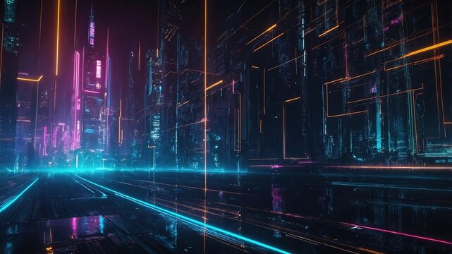 Ciudad futurista ciberpunk iluminada con neones rosas y azules, mostrando un paisaje urbano digital