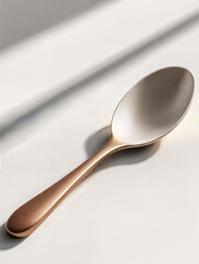 Elegant metallic spoon resting on a light surface illuminated by soft natural light