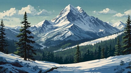 Snowy mountains and green forest