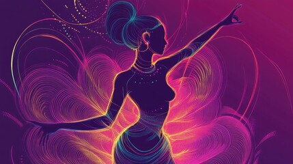 Abstract female silhouette dancing, vibrant colors, dynamic background, digital art, poster design