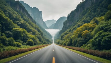 Naklejka premium Long paved road, trees and greenery on the sides