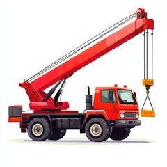 Crane Truck Cartoon style isolated on white background. Heavy Machinery. Construction Vehicle. Mobile Crane. Truck with Crane Arm. Crane Truck Design Element. Realistic Crane Truck isolated for Design