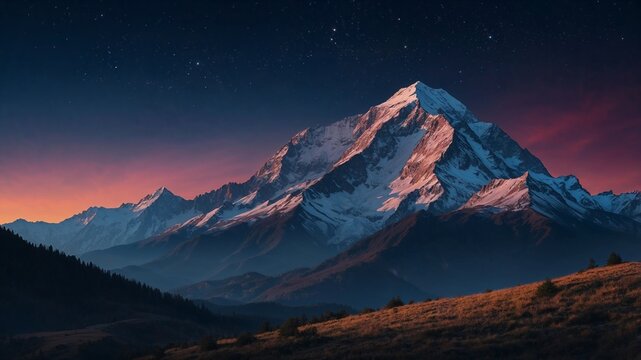 Snowy mountains at sunset