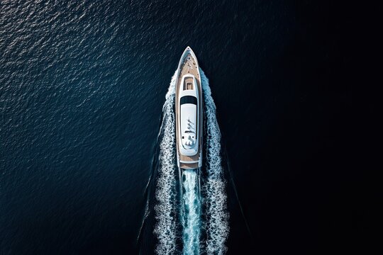 aerial orthographic view of luxury white yacht speeding through open ocean leaving behind long foamy white trail