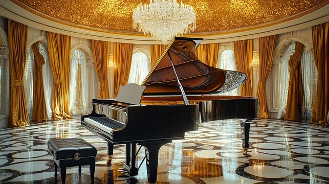 A grand piano placed under a gold-leafed ceiling dome. Polished black and white tiles form the flooring