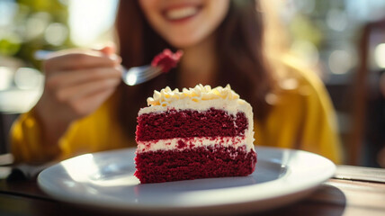 Red velvet cake slice with blurred young woman eating on the background
