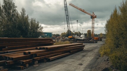 Construction Site with Cranes and Steel Beams