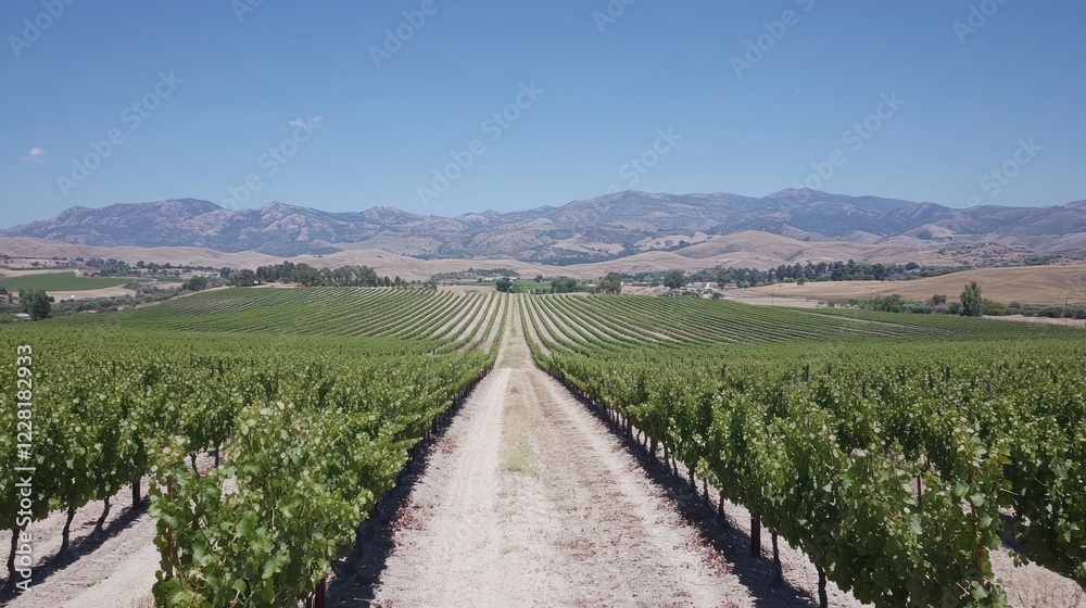 Aufkleber vineyard rows extending towards distant mountains