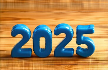blue digits 2025 on on a wooden background. Business Target and Goals Trends 2025. a place for text and advertising