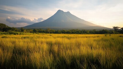 Majestic Volcano Rises Above Golden Grassland Plain