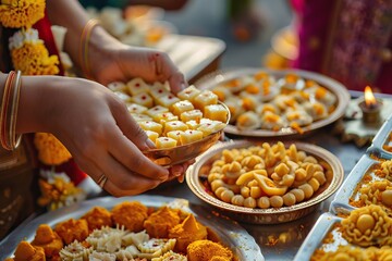 Fototapeta premium Indian woman celebrating various festivals with traditional sweets.