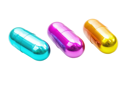 Isolated Set of Three Glossy Metallic Capsule-Shaped Objects in Assorted Colors