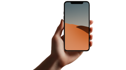 Hand holding smartphone with desert landscape on screen