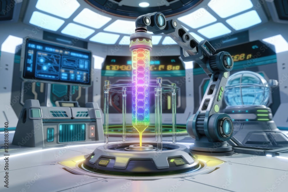 Poster Futuristic laboratory scene with a robotic arm manipulating a colorful glowing test tube.