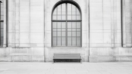 Black and white photo of a bench in front of a large arched window on a building's facade.