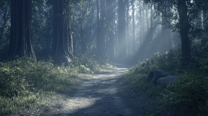 Obraz premium Misty Forest Path Sunlight Through Trees