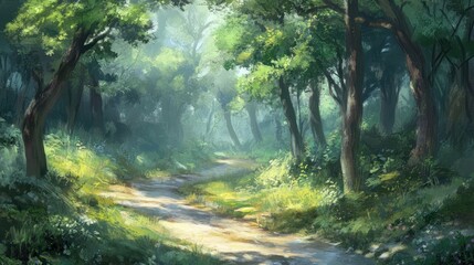 Fototapeta premium Sunlit Path Through A Lush Green Forest