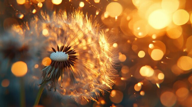 Sunset dandelion glowing in golden light