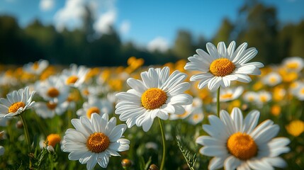 Fototapeta premium Sunny chamomile field, summer bloom, nature background, idyllic scene