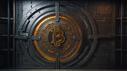 Fototapeta premium A futuristic vault door opening to reveal glowing Bitcoin.