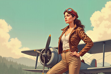 Confident Female Aviator Posing Beside Vintage Biplane with Copy Spece