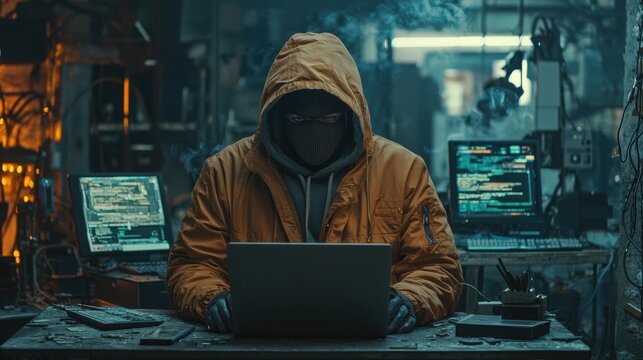 A hooded figure, masked and cloaked in mystery, sits before a laptop in a dimly lit, cluttered space.  The ambiance is dark and intriguing, hinting at a clandestine operation.