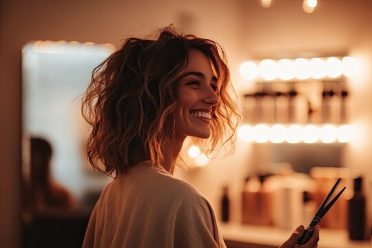 ultra-detailed shot of hairstylist stepping back with wide smile admiring their work in salon mirror as client gasps