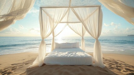 Romantic beach sunrise bed canopy ocean waves