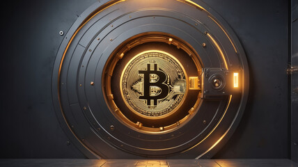 A futuristic vault door opening to reveal glowing Bitcoin.