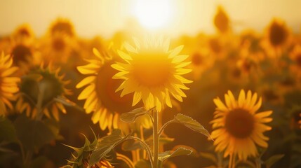 Obraz premium Golden Hour in Sunflower Field: Pathway Through Nature's Radiant Bloom for Poster or Print Design