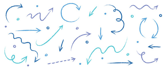 Set of hand drawn arrows in pencil, crayon and chalk style. Cartoon elements. Vector illustration