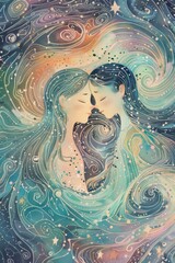 Whimsical Gemini Zodiac Illustration with Cosmic Twins for Astrology Posters