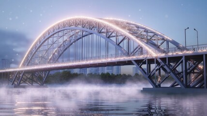 Naklejka premium A modern steel arch bridge illuminated at night, mist rising from the water below.
