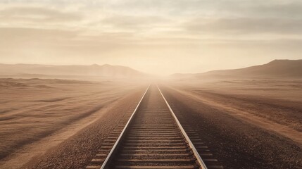 Endless railway tracks disappearing into a hazy desert landscape under a soft sunrise.