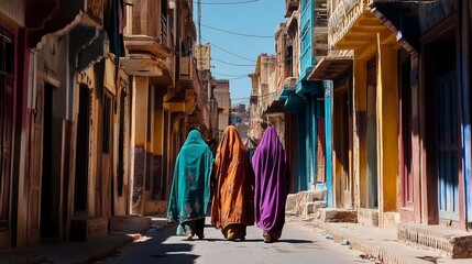 Naklejka premium Muslim women walking down the street in colorful traditional clothes