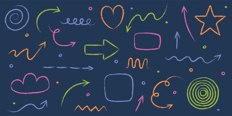 Set of hand drawn grunge arrow, line, square, circle and various shapes. Abstract pencil, crayon and chalk brush style. Doodles. Vector illustration