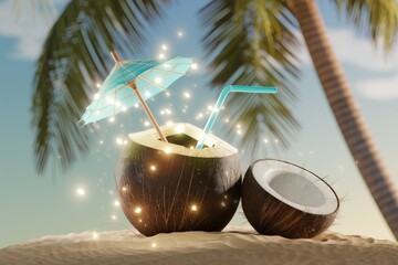 Magical coconut drink on a tropical beach with a tiny umbrella and sparkling lights.