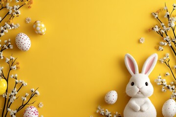 Easter bunny with colorful eggs on yellow background